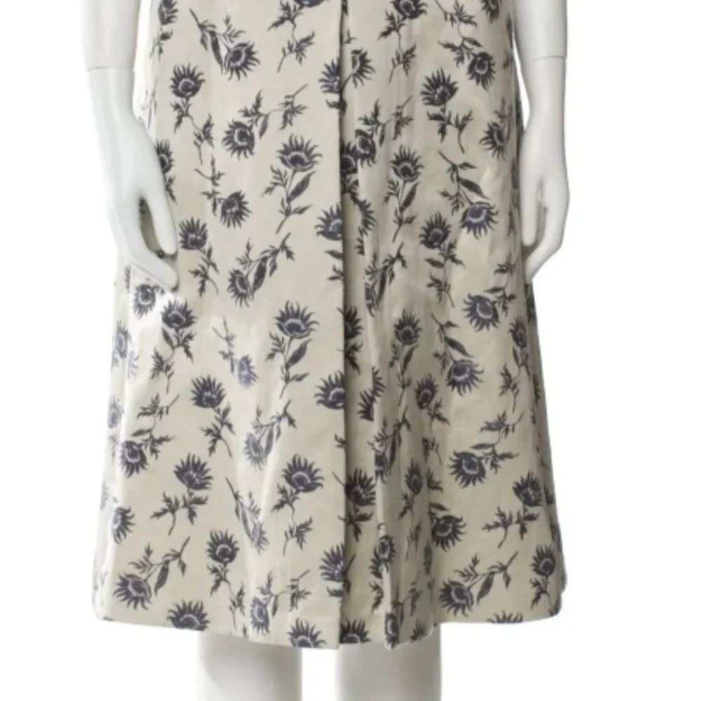 NWOT TORY BURCH Grey Blue Linen-blend Floral A-Line Midi Dress XS $495